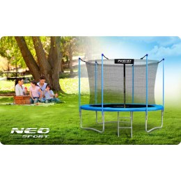 TRAMPOLINA OGRODOWA NIEBIESKA ROZMIAR 252 CM Z SIATKĄ WEWNĘTRZNĄ I DRABINKĄ