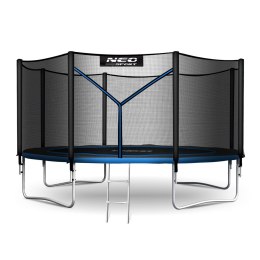 TRAMPOLINA OGROWA CZARNO/NIEBIESKA ROZMIAR 374 CM Z SIATKĄ ZEWNĘTRZNĄ I DRABINKĄ