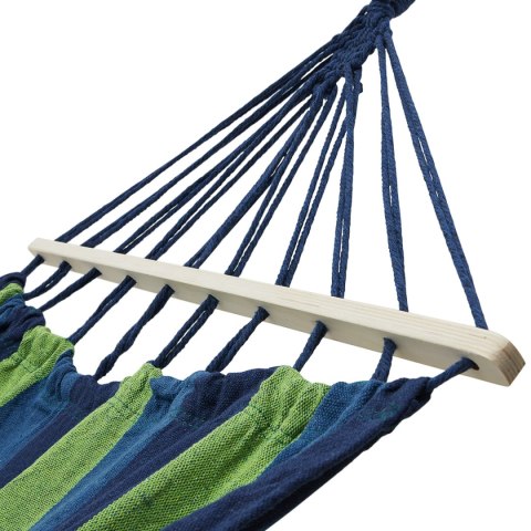 NIEBIESKI HAMAK Z DREWNIANĄ BELKĄ 70CM I METALOWYM UCHWYTEM NIEBIESKI HAMAK Z DREWNIANĄ BELKĄ 70CM I METALOWYM UCHWYTEM