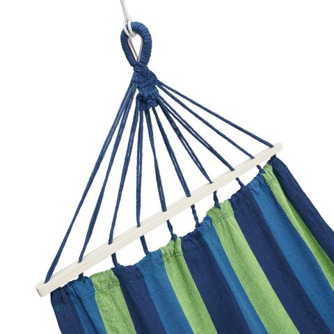 NIEBIESKI HAMAK Z DREWNIANĄ BELKĄ 70CM I METALOWYM UCHWYTEM NIEBIESKI HAMAK Z DREWNIANĄ BELKĄ 70CM I METALOWYM UCHWYTEM