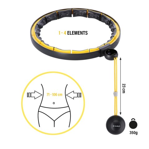 HHM21 HULA HOP BLACK/YELLOW Z MAGNESAMI, WYPUSTKAMI TPE I OBCIĄŻNIKIEM + LICZNIK HMS HMS HHM21 HULA HOP BLACK/YELLOW Z MAGNESAMI, WYPUSTKAMI TPE I OBCIĄŻNIKIEM + LICZNIK HMS HMS