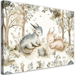 Obraz do pokoju dziecka, Śpiące Smoki Zwierzęta w lesie beżowy - 60x40