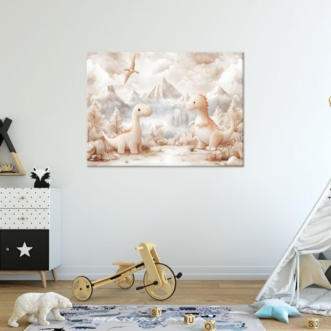 Obraz do pokoju dziecka, Urocze małe Dinozaury Krajobraz Beżowy - 120x80 Obraz do pokoju dziecka, Urocze małe Dinozaury Krajobraz Beżowy - 120x80