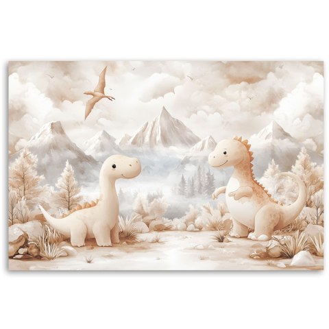 Obraz do pokoju dziecka, Urocze małe Dinozaury Krajobraz Beżowy - 90x60 Obraz do pokoju dziecka, Urocze małe Dinozaury Krajobraz Beżowy - 90x60