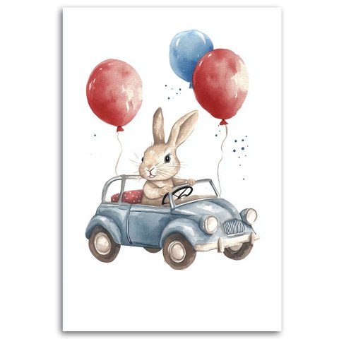 Obraz dziecięcy na ścianę, Królik Auto Baloniki - 80x120 Obraz dziecięcy na ścianę, Królik Auto Baloniki - 80x120