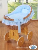 Wiklinowy kosz Mojżesza z budką wiklinową Carina - naturalny + niebieska pościel