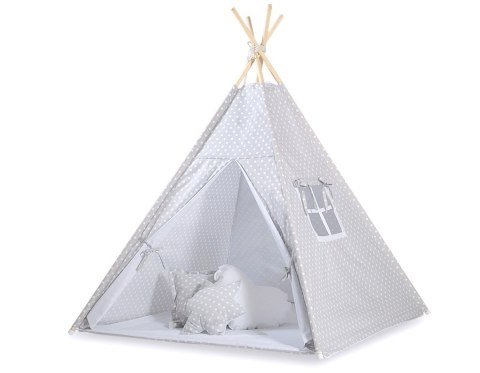 Namiot TIPI dla dzieci +mata + zawieszki pióra - Białe grochy na szarym Namiot TIPI dla dzieci +mata + zawieszki pióra - Białe grochy na szarym