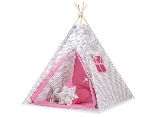 Namiot TIPI dla dzieci +mata + zawieszki pióra - Kratka szara z różem Namiot TIPI dla dzieci +mata + zawieszki pióra - Kratka szara z różem