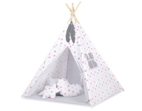 Namiot TIPI dla dzieci + mata + poduszki + zawieszki pióra - Gwiazdy różowo-szare/szary Namiot TIPI dla dzieci + mata + poduszki + zawieszki pióra - Gwiazdy różowo-szare/szary