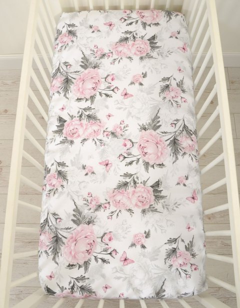 Prześcieradło bawełniane z gumką do łóżeczka 120x60 cm - romantic peonies Prześcieradło bawełniane z gumką do łóżeczka 120x60 cm - romantic peonies